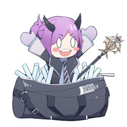  absurdres aiee arknights bag chibi duffel_bag female gloves hibiscus_(arknights) highres horns purple_hair recruitment_bag_(arknights) solo staff weapon 