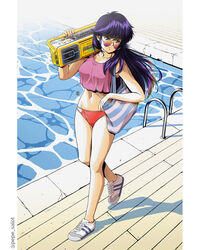  1980s_(style) adidas aviator_sunglasses ayukawa_madoka bag bikini bikini_bottom_only blue_eyes boombox border brand_name_imitation breasts commentary crop_top crop_top_overhang english_commentary female full_body holding_boombox jose_salot kimagure_orange_road long_hair looking_over_eyewear matsumoto_izumi_(mangaka) medium_breasts midriff navel pool poolside purple-tinted_eyewear purple_hair red_bikini retro_artstyle shoes sneakers solo sony spaghetti_strap sunglasses swimsuit tinted_eyewear twitter_username walking white_border 