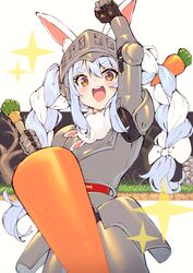  animal_ear_fluff animal_ears arm_up armor blue_hair blush braid carrot_hair_ornament commentary cosplay crossover don-chan_(usada_pekora) female fist_pump food food-themed_hair_ornament gauntlets greaves hair_ornament helmet highres holding holding_food hololive joker_(tomakin524) long_hair looking_at_viewer makaimura multicolored_hair open_mouth orange_eyes oversized_food oversized_object plate_armor rabbit_ears round_teeth sir_arthur_(makaimura) sir_arthur_(makaimura)_(cosplay) smile solo streaked_hair symbol-shaped_pupils teeth thick_eyebrows twintails two-tone_hair upper_teeth_only usada_pekora virtual_youtuber white_hair 