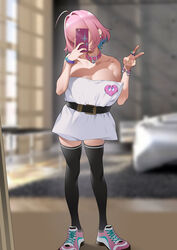  absurdres ahoge bare_shoulders belt black_thighhighs blue_hair bracelet breasts bsue cellphone cleavage collar commentary covering_face earrings female full_body hair_intakes heart-shaped_lock highres holding holding_phone idolmaster idolmaster_cinderella_girls jewelry large_breasts multicolored_hair phone pill_earrings pillow pillow_challenge pink_collar pink_footwear pink_hair ring selfie shoes short_hair skindentation smartphone sneakers solo thighhighs two-tone_hair v yumemi_riamu 