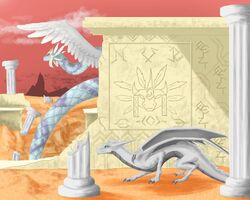  5:4 blue_eyes building claws couatl detailed_background dragon european_mythology eyelashes fangs feathered_scalie feathered_snake feathers female feral grey_body hiding horn looking_at_another mythological_creature mythological_scalie mythology nuree_art outside pillar red_sky reevah_(nuree_art) reptile ruins scalie silver_body sky snake sneaking solo spikes tail teeth western_dragon white_body wings 