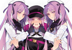  3girls bare_shoulders belt black_dress black_gloves black_headwear black_jacket blush breasts cheek_poking collared_shirt dress euryale_(fate) fate/grand_order fate_(series) fur-trimmed_headwear fur_trim gloves hair_ribbon hat high_heels highres jacket large_breasts long_hair long_sleeves medusa_(fate) medusa_(saber)_(fate) multiple_girls off_shoulder open_mouth parted_bangs poking purple_eyes purple_hair ribbon shirt siblings sidelocks sisters skirt small_breasts smile stheno_(fate) tearing_up twintails uxco0 very_long_hair white_headwear white_jacket white_shirt white_skirt 