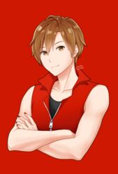  1boy artist_name black_shirt brown_eyes brown_hair commentary cropped_torso crossed_arms genderswap_(ftm) highres jacket kirita_asami looking_at_viewer male_focus meito nail_polish red_background red_jacket red_nails red_theme rule_63 shirt smile upper_body vocaloid zipper 