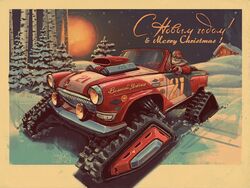  1boy beard cabin car christmas convertible driving engine english_commentary english_text facial_hair fur_trim gaz_volga goggles hat highres jacket looking_at_viewer male_focus merry_christmas motor_vehicle moustache original pine_tree postcard_(medium) red_jacket russian_text santa_claus santa_hat snow solo tkachenko_andrey translated tree vehicle_focus white_hair 