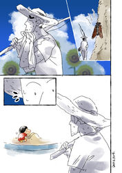  2boys ^^^ artist_name black_hair bug cicada colored_skin crayon_shin-chan deltapork father_and_son fishing_rod flower hat highres male_focus multiple_boys nohara_hiroshi nohara_shinnosuke sandbox shorts sun_hat sunflower sweat towel walking white_headwear white_skin 