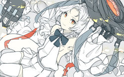  abyssal_jade_princess abyssal_ship bad_id bad_twitter_id black_bow black_bowtie bow bowtie breasts closed_mouth detached_sleeves dress female frills grey_background hat holding holding_clothes holding_hat kantai_collection ninimo_nimo orange_eyes pale_skin short_hair simple_background skeletal_hand small_breasts solo teeth thighhighs turret white_dress white_hair white_thighhighs 