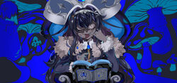  absurdres black_hair blue_background blue_hair book brooch coat commentary_request female fur-trimmed_coat fur-trimmed_sleeves fur_trim hat highres hololive hololive_china jewelry king_(vocaloid) long_hair long_sleeves looking_at_viewer mianbao_yao_a_yao monocle mushroom official_art phoenix_crown rosalyn_(hololive) solo straight-on variant_set virtual_youtuber 