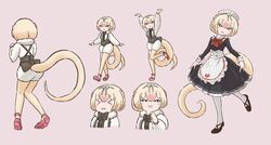  &gt;_&lt; :d alternate_costume anteater_tail black_footwear blonde_hair female highres kemono_friends kotobuki_(tiny_life) maid multicolored_hair multiple_views open_mouth pantyhose pink_background pink_footwear pink_hair short_hair silky_anteater_(kemono_friends) simple_background smile tail two-tone_hair white_legwear 