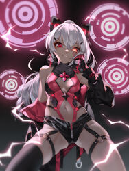  aiming aiming_at_viewer alternate_costume animal_ears arm_behind_back artist_name ass_visible_through_thighs bare_shoulders black_headphones black_headwear black_jacket black_shorts black_thighhighs breasts bronya_zaychik bronya_zaychik_(black_nucleus) cat_ears cleavage commentary_request crotch_zipper dark-skinned_female dark_skin electricity facial_mark female garter_straps ginklaga gloves glowing glowing_eyes hair_between_eyes hair_ornament hairclip headgear headphones highres honkai_(series) honkai_impact_3rd jacket leotard leotard_under_clothes lights long_hair long_sleeves looking_down micro_shorts navel o-ring o-ring_bottom o-ring_thigh_strap open_mouth ponytail red_eyes red_leotard shorts small_breasts smile smug solo tan thigh_strap thighhighs thighs white_hair zipper 