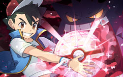  1boy baseball_cap black_hair blue_jacket brown_eyes commentary_request dynamax_ball dynamax_band energy gengar gigantamax gigantamax_gengar grin hat highres holding holding_poke_ball jacket male_focus open_clothes open_jacket ou_negi poke_ball pokemon pokemon_(anime) pokemon_(creature) pokemon_journeys red_headwear satoshi_(pokemon) shirt short_hair short_sleeves sleeveless sleeveless_jacket smile sparkle t-shirt teeth white_shirt 