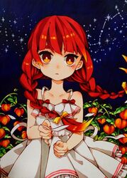  bare_shoulders blue_background bow braid bright_pupils chinese_lantern_(plant) commentary_request constellation dress female food frilled_dress frills fruit hair_ornament hairbow highres holding long_hair looking_at_viewer marker_(medium) momokan_(mmkn100) orange_eyes original parted_lips peach red_hair red_nails ribbon scorpius_(constellation) short_hair solo star_(sky) traditional_media twin_braids twintails white_dress white_pupils wind yellow_bow 