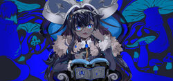  absurdres black_hair blue_background blue_eyes blue_hair book brooch coat commentary_request female fur-trimmed_coat fur-trimmed_sleeves fur_trim hat highres hololive hololive_china jewelry king_(vocaloid) long_hair long_sleeves looking_at_viewer mianbao_yao_a_yao monocle mushroom official_art phoenix_crown rosalyn_(hololive) solo straight-on symbol-shaped_pupils variant_set virtual_youtuber 