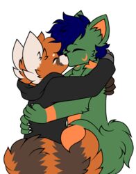  2021 ailurid alpha_channel alyx_(not_odessa) anthro black_clothing black_hoodie black_topwear blue_hair canid canine canis clothing cybernetic_limb duo eyebrows fur green_body green_fur hair happy hoodie hug inner_ear_fluff kissing male male/male mammal orange_body orange_fur pegacousin red_panda tails_touching topwear tuft wisper_(runepower) wolf 