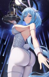  absurdres animal_ears arm_strap ass azur_lane bare_shoulders blue_eyes blue_hair bottle breasts buran_(22x) closed_mouth commentary constellation_(azur_lane) constellation_(galaxy&#039;s_finest)_(azur_lane) cowboy_shot eyes_visible_through_hair fake_animal_ears fake_tail female from_behind hairband hand_up highres holding holding_tray large_breasts leotard long_hair looking_at_viewer looking_back official_alternate_costume pantyhose playboy_bunny rabbit_ears rabbit_tail sideboob skindentation smile solo standing strapless strapless_leotard tail thigh_strap tray twisted_torso very_long_hair white_leotard white_pantyhose wrist_cuffs 