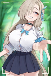  absurdres asuna_(blue_archive) black_skirt blue_archive blue_eyes blue_ribbon blue_scrunchie blush breasts brown_hair button_gap clenched_teeth commentary female fluffyebi01 hair_over_one_eye hair_ribbon highres large_breasts long_hair looking_at_viewer no_halo pleated_skirt ribbon school_uniform scrunchie shirt skirt smile solo symbol-only_commentary teeth very_long_hair wrist_scrunchie 