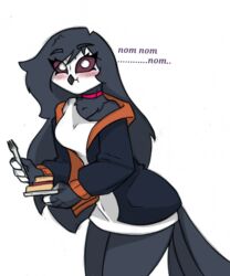  anthro avian bird blush cake clothed clothing dessert eating eating_cake english_text female food fully_clothed helluva_boss holding_fork holding_object looking_at_viewer octavia_(helluva_boss) owl owl_demon pace-maker simple_background small_waist solo text thick_thighs white_background wide_hips 