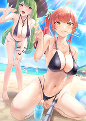  6+girls absurdres ahoge anchor_necklace arm_up ayanami_(azur_lane) azur_lane ball baltimore_(azur_lane) bare_shoulders barefoot beach beach_chair beach_umbrella beachball between_breasts bikini bird black_bikini black_one-piece_swimsuit blonde_hair blue_bikini blue_skirt blue_sky breasts brown_hair chick cleavage closed_mouth cloud collarbone commentary competition_swimsuit day dragon_girl dragon_tail feeding feet food full_body green_hair hair_between_eyes hair_ornament hand_on_own_thigh hat headgear highleg highleg_bikini highres holding holding_spoon holding_surfboard holding_water_gun innertube italian_flag javelin_(azur_lane) javelin_(beach_picnic!)_(azur_lane) jewelry kneeling large_breasts leaning_forward legs lens_flare littorio_(azur_lane) littorio_(the_glory_of_naples)_(azur_lane) long_hair looking_at_viewer manjuu_(azur_lane) multicolored_hair multiple_girls natori_(azur_lane) natori_(beach_paradise)_(azur_lane) navel necklace o-ring o-ring_bikini ocean official_alternate_costume one-piece_swimsuit open_mouth outdoors pink_hair ponytail purple_hair red_eyes red_hair selfie selfie_stick shadow shaved_ice short_hair side_ponytail sidelocks skindentation skirt sky spoon standing stomach streaked_hair sun_hat surfboard swim_ring swimsuit tail takumi_nosiro thigh_strap toenails toes umbrella utensil_in_mouth v very_long_hair watch water_gun waving white_bikini wristwatch yellow_eyes zara_(azur_lane) zara_(poolside_coincidence)_(azur_lane) 