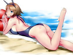  ;) alternate_costume ass beach blue_eyes breasts brown_hair casual_one-piece_swimsuit commentary_request female full_body headgear highres huge_breasts judge_(oekaki) kantai_collection light_smile mutsu_(kancolle) no_gloves no_legwear ocean one-piece_swimsuit one_eye_closed sand short_hair sideboob smile solo swimsuit water 