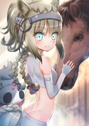  animal_ears aqua_eyes arched_back back bare_shoulders blonde_hair bow braid braided_tail bridle butt_crack commentary_request cosplay crossover dimples_of_venus elbow_gloves eyes_visible_through_hair female fingerless_gloves gloves hairbow horse horse_ears horse_girl horse_tail japan_racing_association kemono_friends long_hair looking_at_viewer midori_makibaoo midori_no_makibaoo midriff ponytail sidelocks smile sports_bra sportswear tail tansan_daisuki twin_braids upper_body white_gloves white_sports_bra white_thoroughbred_(kemono_friends) white_thoroughbred_(kemono_friends)_(cosplay) 