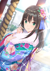  amaryllis_(flower) back_bow black_hair blue_kimono blurry blurry_background blush bow closed_mouth commentary_request day depth_of_field dutch_angle female floral_print flower fur green_eyes hair_flower hair_ornament hands_up idolmaster idolmaster_cinderella_girls japanese_clothes kimono kojitsunagi_(pattern) long_hair long_sleeves outdoors pink_flower print_kimono rope shibuya_rin sidelocks smile solo tamakaga tassel upper_body wide_sleeves 