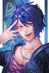  1boy artist_name black_star_-theater_starless- blue_hair collarbone copyright_name hair_between_eyes hand_up highres jacket jewelry looking_at_viewer male_focus necklace open_mouth pervertfox1002 pink_eyes purple_shirt ran_(black_star) sharp_teeth shirt short_hair solo teeth upper_body 