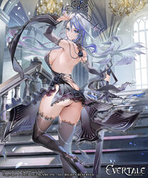  arm_up ass back bare_shoulders black_footwear black_panties blue_eyes blue_hair boots breasts character_request commentary_request copyright_name evertale female from_behind grey_hair high_heel_boots high_heels highres large_breasts long_hair looking_at_viewer looking_back multicolored_hair official_art panties parted_lips sage_joh solo stairs streaked_hair sword thigh_boots underwear weapon window 