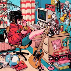  album_cover bedroom black_eyes black_hair blue_shorts blunt_bangs book book_stack bookshelf boombox box cable can cardboard_box chair computer computer_keyboard controller cover crisalys crossed_ankles crt curtains desk desk_lamp double_bun drink_can earbuds earphones electric_guitar feet_on_table female fender_telecaster figure floppy_disk fox_mask from_side game_console game_controller guitar hair_bun highres hood hood_down hoodie indoors instrument lamp legs_together legs_up long_sleeves looking_away magazine_(object) mask monitor nike_(company) office_chair original outstretched_legs pc-98_(computer) pc_engine plant poster_(object) red_hoodie rug screentones shoes shorts single_earphone_removed sitting sneakers soda_can sticky_note stuffed_animal stuffed_bird stuffed_penguin stuffed_toy swivel_chair unworn_mask walkman window wooden_floor 