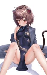  animal_ears bad_id bad_pixiv_id bare_legs bare_shoulders black_dress black_jacket blue_archive blush breasts brown_hair cat_ears cat_tail china_dress chinese_clothes closed_mouth commission cosplay covered_navel dragon_print dress feet_out_of_frame female hairband highres jacket kisaki_(blue_archive) kisaki_(blue_archive)_(cosplay) knees_up legs looking_at_viewer md5_mismatch mole mole_under_eye nay off_shoulder open_clothes open_jacket orange_eyes original pelvic_curtain print_dress prunechi revision short_hair simple_background single_bare_shoulder sitting sleeveless sleeveless_dress small_breasts solo striped_clothes striped_jacket sweatdrop tail thighs white_background 