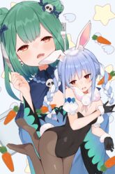  2girls absurdres animal_ear_fluff animal_ears arm_cuffs black_gloves black_leotard black_pantyhose blue_background blue_hair blush braid breasts carrot carrot_hair_ornament cleavage commentary covered_navel don-chan_(usada_pekora) double_bun earrings eureka_814 food-themed_hair_ornament fork fur-trimmed_gloves fur_scarf fur_trim gloves gradient_hair green_hair hair_bun hair_ornament hair_ribbon highres holding holding_fork hololive jewelry knife leotard light_blue_hair long_hair looking_at_viewer medium_breasts multicolored_hair multiple_girls oerba_yun_fang open_mouth pantyhose playboy_bunny rabbit_ears rabbit_girl rabbit_tail red_eyes ribbon short_hair simple_background skin_fang skull_earrings skull_hair_ornament star_(symbol) symbol-shaped_pupils tail thick_eyebrows tress_ribbon twin_braids twintails two-tone_hair uruha_rushia uruha_rushia_(1st_costume) usada_pekora usada_pekora_(1st_costume) virtual_youtuber white_hair 