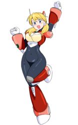  alia_(mega_man) android blonde_hair blue_eyes blush breasts covered_navel female full_body highres large_breasts long_hair mega_man_(series) mega_man_x_(series) okabayashi_yuuki open_mouth robot_ears simple_background smile solo white_background 