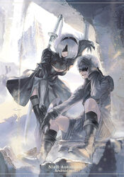  1boy 2b_(nier:automata) 9s_(nier:automata) arm_up black_blindfold black_footwear black_gloves black_hairband black_shorts black_thighhighs blindfold breasts building cleavage cleavage_cutout closed_mouth clothing_cutout crack english_text feather_trim female gloves hairband highres katana maeshima_shigeki mole mole_under_mouth nier:automata nier_(series) open_mouth puffy_sleeves rock rubble ruins sand short_hair shorts sitting smile socks standing sword teeth thighhighs weapon weapon_on_back white_hair 