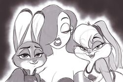  anthro ashley_nichols bedroom_eyes breasts buckteeth cleavage clothed clothing disney ear_piercing ear_ring female female/female group half-closed_eyes hi_res human jessica_rabbit judy_hopps lagomorph leporid lola_bunny looney_tunes mammal monochrome narrowed_eyes piercing police police_uniform rabbit ring_piercing seductive space_jam teeth uniform warner_brothers who_framed_roger_rabbit zootopia 