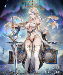  aurora bare_shoulders blonde_hair blue_eyes blue_hair breasts character_request commentary_request copyright_name detached_sleeves evertale feet_out_of_frame female highres large_breasts long_hair long_sleeves looking_at_viewer multicolored_hair navel official_art outdoors parted_lips sage_joh solo standing streaked_hair thighhighs thighs underboob weapon white_thighhighs 