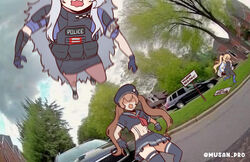  3girls ai-assisted ai-generated_art_(topic) armored_gloves black_gloves black_skirt blonde_hair brown_hair car coat cropped_shirt faceless faceless_female fur-trimmed_coat fur_trim gloves goddess_of_victory:_nikke grey_hair hat laplace_(nikke) long_hair meme military_hat miranda_(nikke) motor_vehicle multiple_girls musan_pro navel neckerchief officer_flying_pov_(meme) open_clothes open_coat open_mouth poli_(nikke) police police_uniform policewoman red_neckerchief skirt tactical_clothes twintails uniform very_long_hair white_coat 