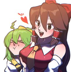  2girls :t absurdres ahoge black_eyes blush bow breasts brown_hair closed_mouth collared_shirt cookie_(touhou) daiyousei detached_sleeves diyusi_(cookie) frilled_hair_tubes frills frown hair_between_eyes hair_tubes hairbow hakurei_reimu heart high-visibility_vest highres large_breasts long_bangs long_hair multiple_girls necktie noel_(cookie) open_mouth pout red_bow red_shirt s_(esumi_kihomaru) shirt sidelocks simple_background sleeveless sleeveless_shirt smile teeth touhou upper_body upper_teeth_only white_background white_sleeves wilted_ahoge yellow_bow yellow_necktie 