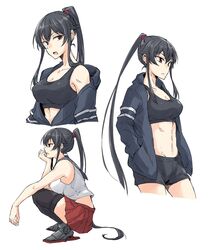  black_hair black_legwear blue_jacket breasts brown_eyes cleavage closed_mouth female hair_between_eyes hands_in_pockets highres jacket kantai_collection large_breasts long_hair long_sleeves multiple_views muscular muscular_female open_mouth ponytail red_skirt rindou_(rindou_annon) rudder_footwear sailor_collar school_uniform serafuku shorts sidelocks simple_background skirt sleeveless squatting thighhighs white_background yahagi_(kancolle) 