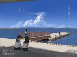  4girls 4me_4ma aircraft airplane blue_sky cloud commentary_request day dock hatsuyuki_(kancolle) horizon i-401_(kancolle) kantai_collection long_hair low_twintails miyuki_(kancolle) multiple_girls ocean outdoors ponytail scenery school_uniform serafuku shirayuki_(kancolle) short_hair sitting sky translation_request twintails water 