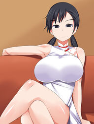  bare_shoulders black_eyes black_hair breasts china_dress chinese_clothes couch devil_survivor_2 dress female highres huge_breasts kanno_fumi legs legs_crossed long_hair megami_ibunroku_devil_survivor ourakutei simple_background sitting smile sofa solo thighs twintails 