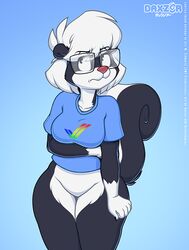  2018 anthro black_body black_fur bottomless breasts clothed clothing countershade_crotch countershade_face countershade_neck countershade_torso countershading daxzor digital_media_(artwork) eyewear female fur glasses hair hi_res mammal mephitid pink_nose sabrina_(sabrina_online) sabrina_online shirt shirt_only signature skunk solo t-shirt t-shirt_only topwear topwear_only white_body white_fur white_hair 