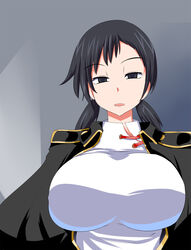  black_eyes black_hair breasts china_dress chinese_clothes devil_survivor_2 dress female highres huge_breasts jacket kanno_fumi long_hair looking_at_viewer megami_ibunroku_devil_survivor ourakutei serious simple_background solo standing twintails 