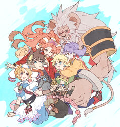  3boys 3girls animal_ears armor big_hair commentary_request elena_(grandia) friends grandia grandia_ii hamagurihime high_ponytail holding_hands mareg_(grandia) millenia_(grandia) multiple_boys multiple_girls roan_(grandia) ryudo_(grandia) size_difference spiked_hair tio_(grandia) 