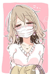  bag blush breasts brown_hair coat collarbone commentary earrings female half-closed_eyes holding holding_clothes jewelry long_hair looking_at_viewer mask mole mole_under_eye mouth_mask original pendant pink_background sodapop_(iemaki) solo surgical_mask sweater unworn_coat upper_body wavy_hair white_sweater 