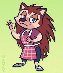  animal_crossing anthro apron artdexo2000 biped blue_eyes bottomwear brown_body brown_fur brown_hair clothed clothing digital_media_(artwork) drop_shadow eulipotyphlan female footwear full-length_portrait fully_clothed fur gesture green_background hair half-closed_eyes hedgehog hi_res lidded_eyes long_hair looking_at_viewer mammal multicolored_body multicolored_fur narrowed_eyes nintendo outline pants portrait quills_(anatomy) raised_hand sable_able shirt shoes simple_background solo topwear two_tone_body two_tone_fur waving 