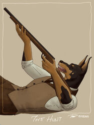  aiming_weapon ambiguous_gender anthro bottomwear canid canine canis clothed clothing cropped_ears dobermann domestic_dog entity_(tma) fangs fully_clothed gun hi_res humanoid_hands hunt_(tma) lying mammal necktie on_back panbeing-art pants pinscher ranged_weapon rifle shirt solo teeth the_magnus_archives topwear vest weapon 