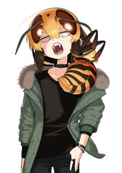  ahoge antennae arthropod_girl black_choker black_hair black_shirt bracelet choker collarbone commentary_request earrings evolvingmonkey fangs female fur-trimmed_jacket fur_trim green_jacket hair_between_eyes highres hornet_suzuki jacket jewelry multicolored_hair open_mouth orange_hair original ring shirt simple_background slit_pupils solo teeth tongue wasp wasp_girl white_background 