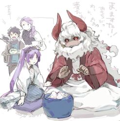  3boys alternate_costume asterios_(fate) aves_plumbum9 black_hair black_sclera colored_sclera commentary_request curly_hair demon_boy demon_horns dress euryale_(fate) fate/grand_order fate/hollow_ataraxia fate_(series) female food fujimaru_ritsuka_(male) hairband horns japanese_clothes long_hair makeup mephistopheles_(fate) mochi multiple_boys new_year open_mouth pillow purple_hair red_eyes scarf smile twintails white_hair 