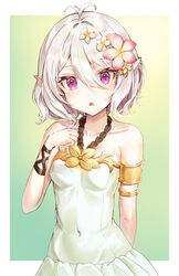  :o absurdres alternate_costume antenna_hair arm_behind_back bare_shoulders blush breasts collarbone commentary_request covered_navel elf female flower gradient_background green_background hair_between_eyes hair_flower hair_ornament hand_up highres kian kokkoro_(princess_connect!) kokkoro_(summer)_(princess_connect!) korean_commentary looking_at_viewer one-piece_swimsuit outside_border parted_lips pink_eyes pink_flower pointy_ears princess_connect! short_hair small_breasts solo swimsuit upper_body white_flower white_hair white_one-piece_swimsuit 