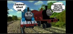  3d_(artwork) anthro black_eyes blue_body coal digital_media_(artwork) drugs duo english_text grey_face insane james_the_red_engine lamp living_machine machine male male/male mattel not_furry profanity red_body steam_locomotive text thomas_and_friends thomas_the_tank_engine trainzenjoyer triangular_eyebrows wheel whistle_(object) worried 