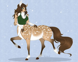  5:4 arm_tuft blue_eyes brown_hair brown_tail chest_tuft clothing deer deer_taur elbow_tuft female glistening glistening_eyes green_clothing green_topwear hair huskii-s mammal mammal_taur orange_body quadruped shadow simple_background solo sparkles spotted_back tail taur topwear tuft white_body 