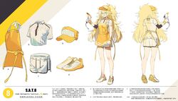  apron barcode_scanner baseball_cap big_hair blonde_hair breasts character_name chinese_text clothes_writing commentary_request concept_art female gao girls&#039;_frontline green_eyes hair_between_eyes hat highres holding_scanner italian_flag_print long_hair looking_at_viewer medium_breasts messy_hair multiple_views nin_(lion) no_socks official_alternate_costume official_art open_mouth ponytail reference_sheet ribbon s.a.t.8_(girls&#039;_frontline) shirt shoes short_sleeves shorts smile sneakers translation_request translucent_hair two-tone_footwear very_long_hair white_background white_footwear white_shirt white_shorts yellow_apron yellow_footwear yellow_wristband 